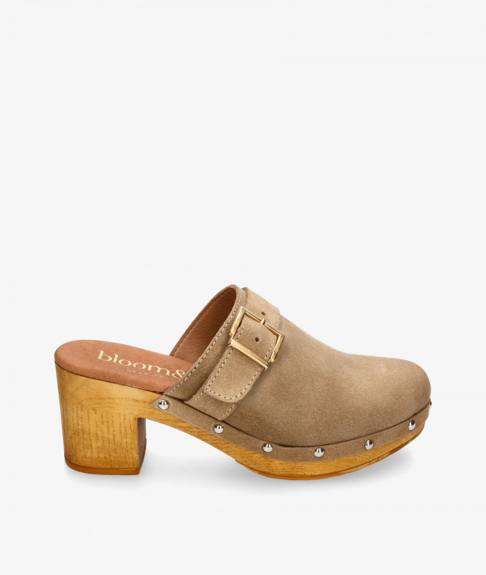 bloom&you Wooden sandals KATY in taupe split suede