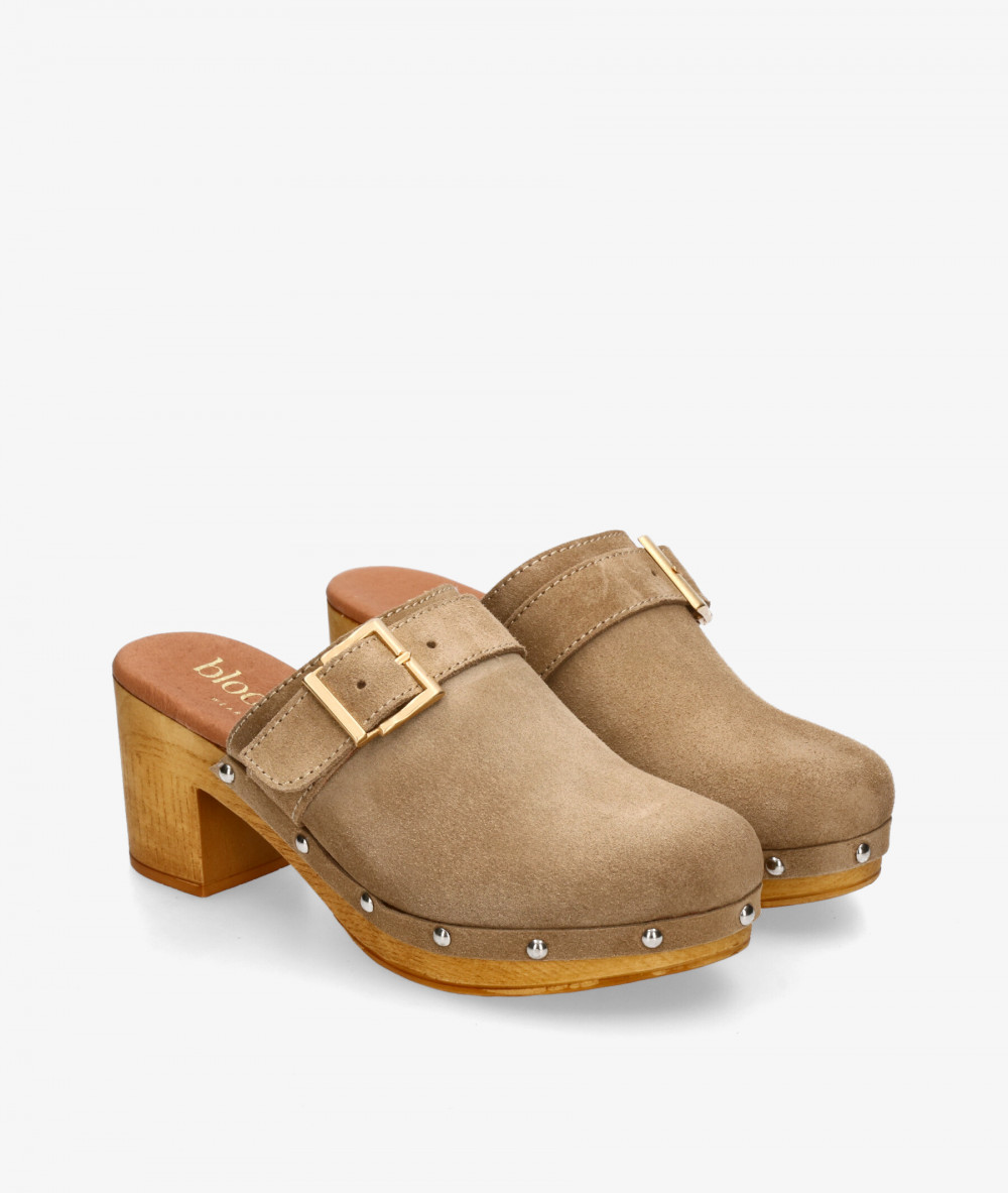 bloom&you Wooden sandals KATY in taupe split suede