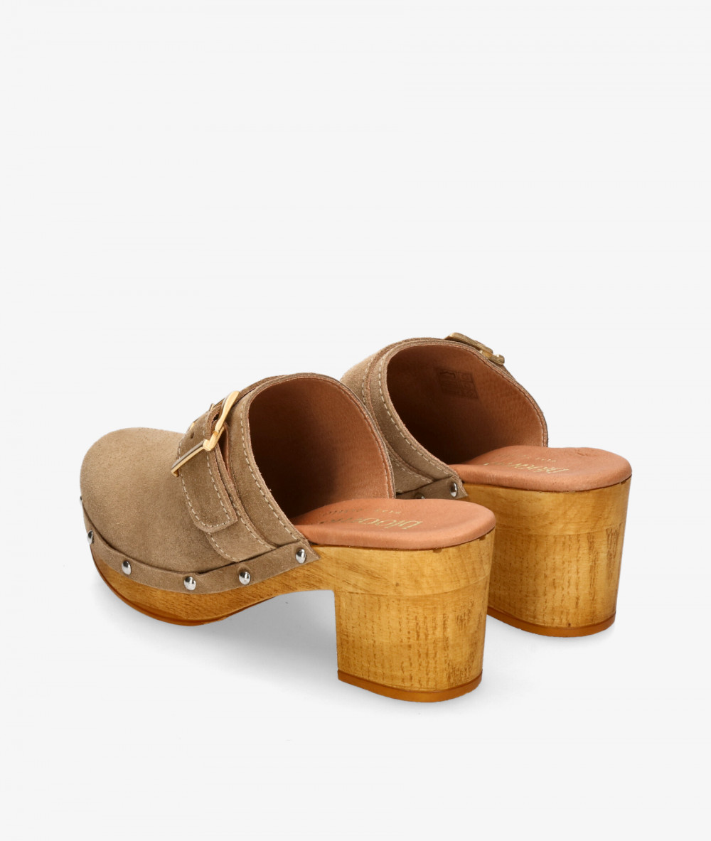bloom&you Wooden sandals KATY in taupe split suede
