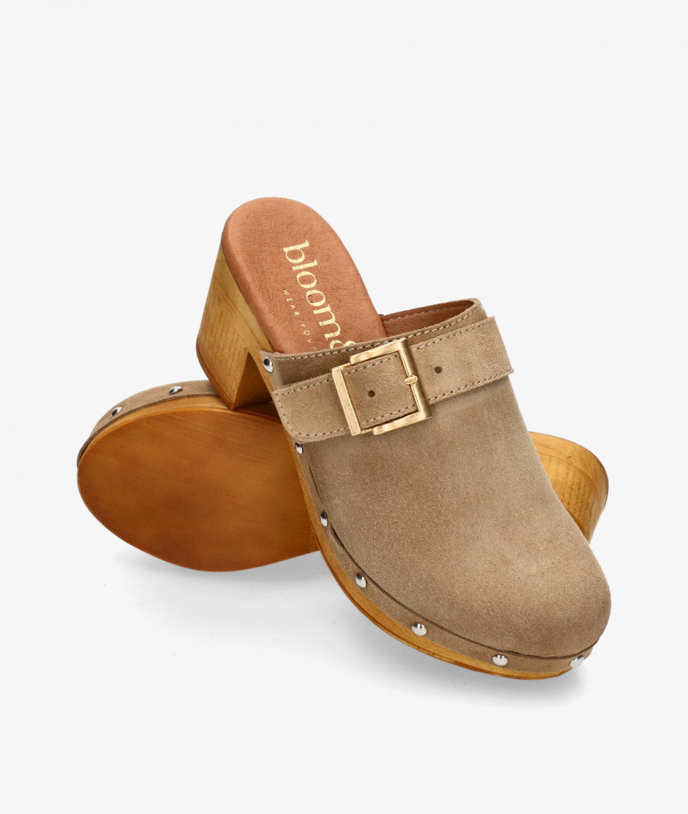bloom&you Wooden sandals KATY in taupe split suede
