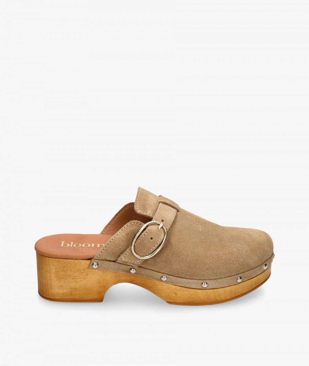 bloom&you Wooden sandals ABELIA in taupe split suede