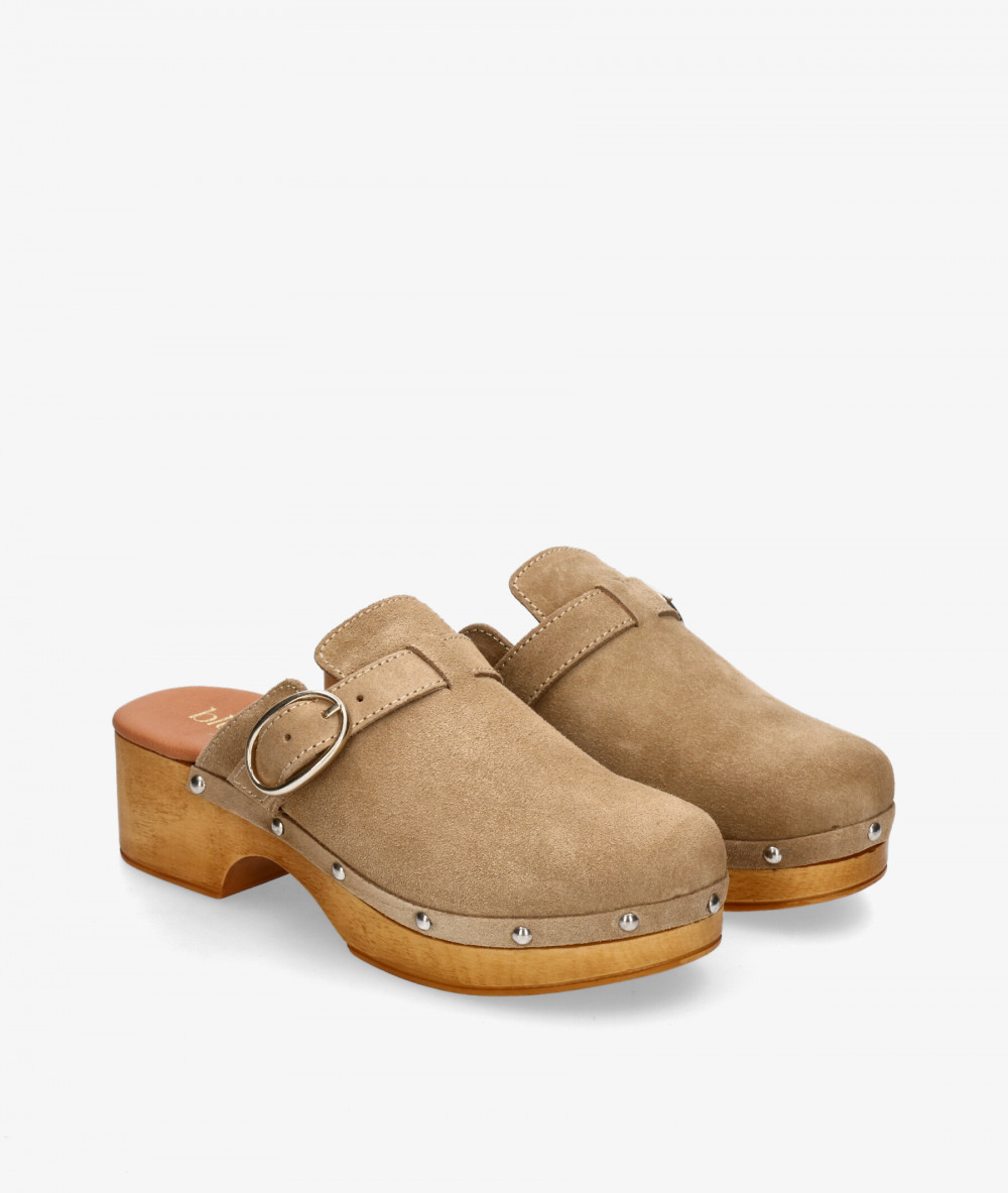 bloom&you Wooden sandals ABELIA in taupe split suede