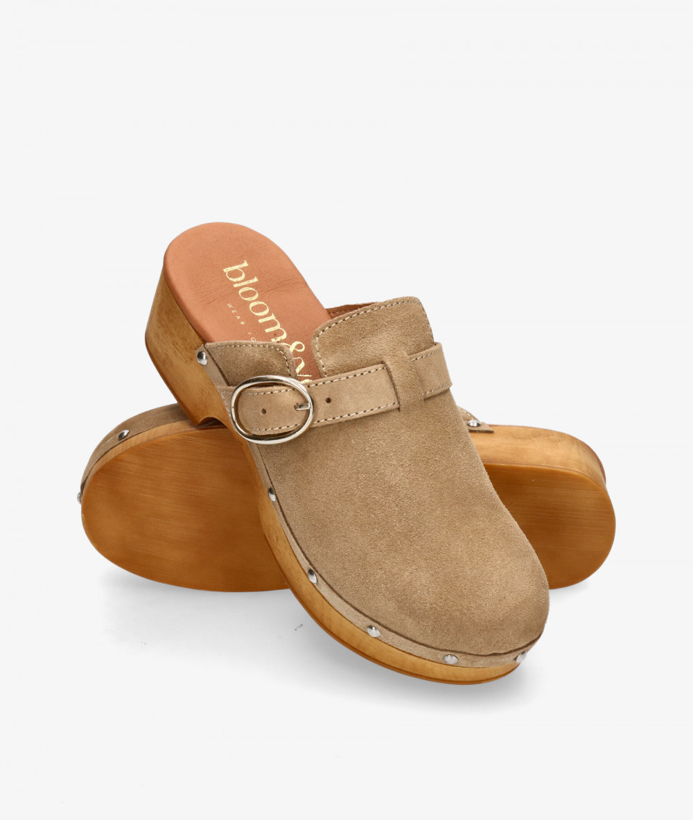 bloom&you Wooden sandals ABELIA in taupe split suede